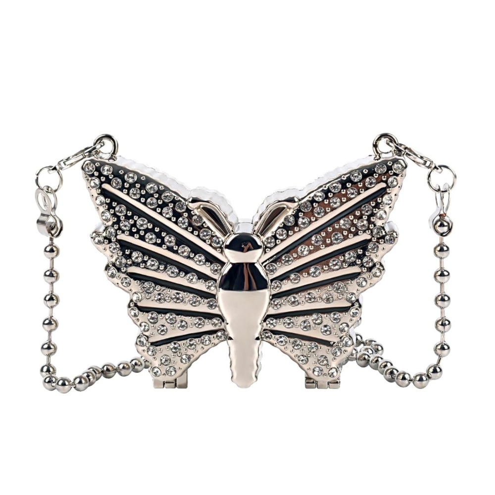 NEW Butterfly Metal Mini Silver Bag Rhinestone Detail Ball Chain Strap